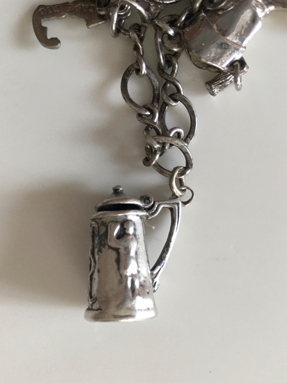 Charm Bracelet w/Vintage Sterling Beer Stein Charm plus Silver Tone Charms